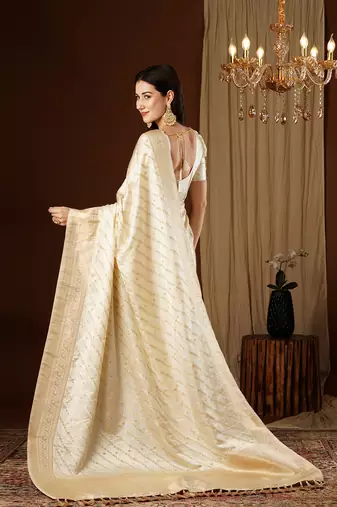 Cream glamorous jacquard satin silk blend saree