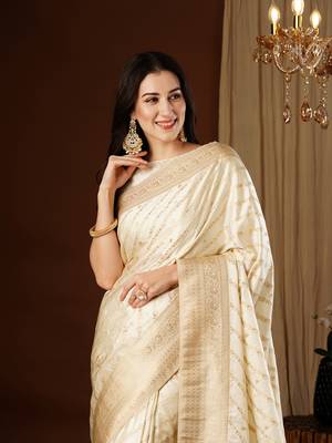 Cream glamorous jacquard satin silk blend saree 3