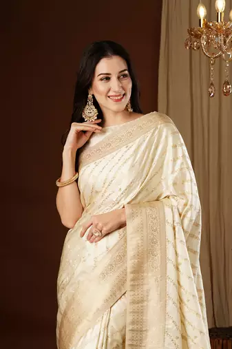 Cream glamorous jacquard satin silk blend saree