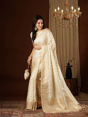 Cream glamorous jacquard satin silk blend saree 4