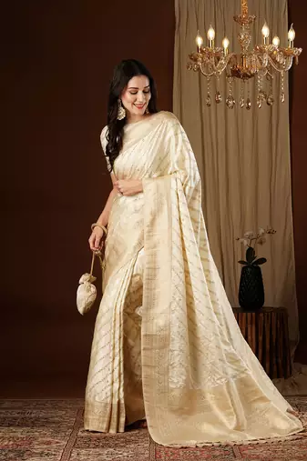 Cream glamorous jacquard satin silk blend saree