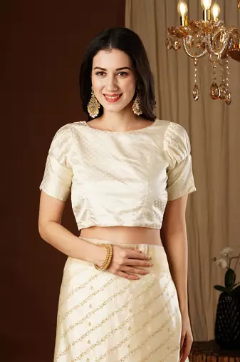 Cream glamorous jacquard satin silk blend saree