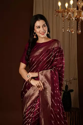 Maroon glamorous jacquard satin silk blend saree