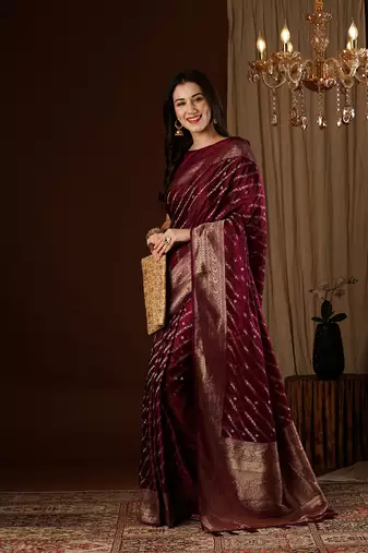 Maroon glamorous jacquard satin silk blend saree