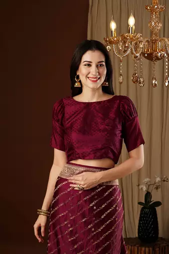 Maroon glamorous jacquard satin silk blend saree