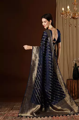 Navy blue glamorous jacquard satin silk blendsaree