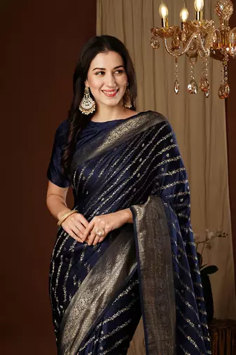 Navy blue glamorous jacquard satin silk blendsaree