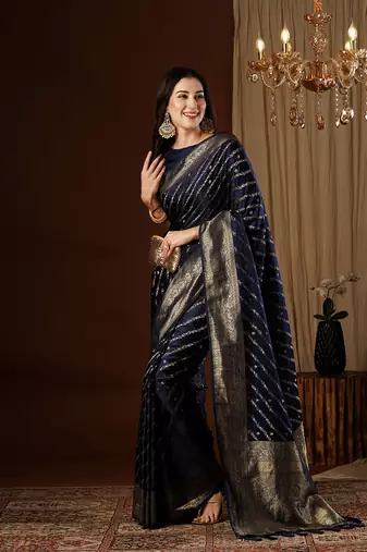 Navy blue glamorous jacquard satin silk blendsaree