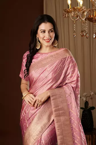 Peach glamorous jacquard satin silk blendsaree