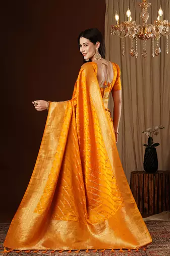 Yellow glamorous jacquard satin silk blendsaree