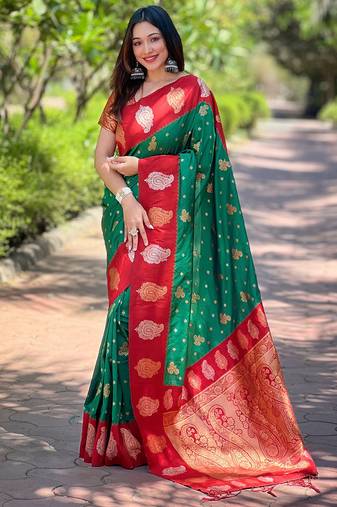 Green soft silk blendheavy wevon jari designer saree