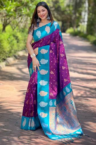 Purple soft silk blendheavy wevon jari designer saree