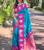 Blue soft silk blend heavy wevon jari designer saree