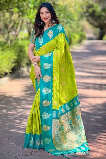 Green soft silk blendheavy wevon jari designer saree