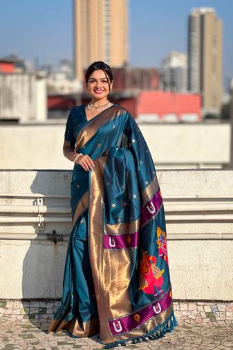 Featival looks navy blue soft silk blendwevon paithani vitthala designer saree
