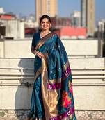 Featival looks navy blue soft silk blendwevon paithani vitthala saree