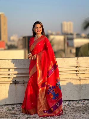 Featival looks red soft silk blendwevon paithani vitthala saree 1