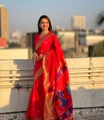 Featival looks red soft silk blendwevon paithani vitthala saree