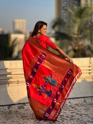 Featival looks red soft silk blendwevon paithani vitthala saree 2