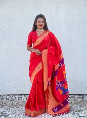 Featival looks red soft silk blendwevon paithani vitthala saree 4