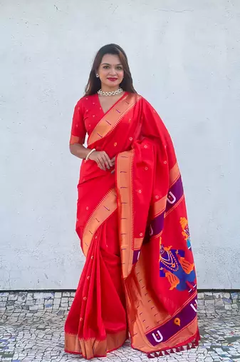 Featival looks red soft silk blendwevon paithani vitthala saree