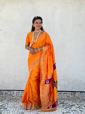 Featival looks yellow soft silk blendwevon paithani vitthala saree 1