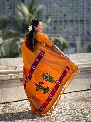 Featival looks yellow soft silk blendwevon paithani vitthala saree 2