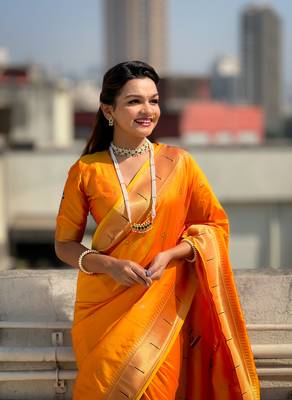 Featival looks yellow soft silk blendwevon paithani vitthala saree 3