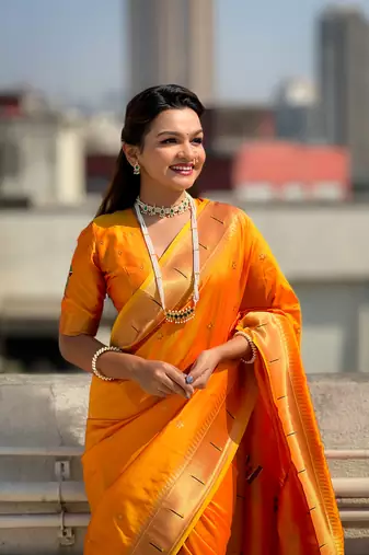 Featival looks yellow soft silk blendwevon paithani vitthala saree