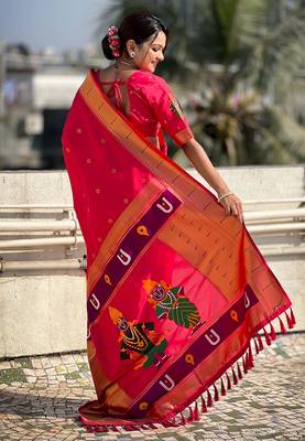 Featival looks pink soft silk blendwevon paithani vitthala saree 2