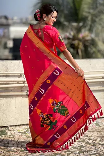 Featival looks pink soft silk blendwevon paithani vitthala saree