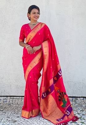 Featival looks pink soft silk blendwevon paithani vitthala saree 4
