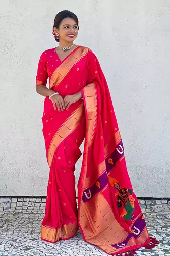 Featival looks pink soft silk blendwevon paithani vitthala saree