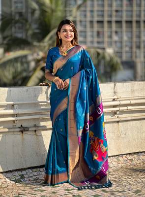 Featival looks blue soft silk blendwevon paithani vitthala saree 1