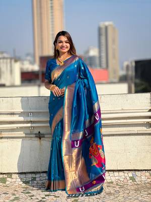 Featival looks blue soft silk blendwevon paithani vitthala saree 4