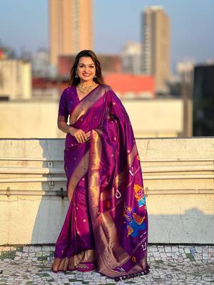 Featival looks purple soft silk blendwevon paithani vitthala saree 1