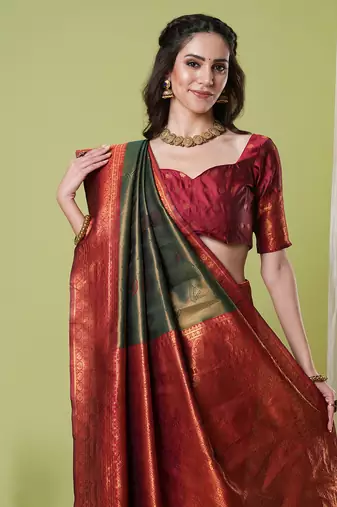 Green faux banarasi silk blendsaree with jacquard work