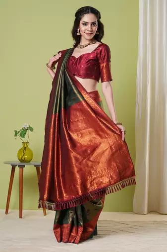 Green faux banarasi silk blendsaree with jacquard work