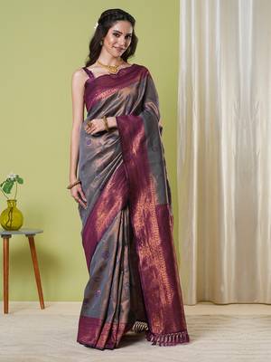 Grey faux banarasi silk blendsaree with jacquard work 1