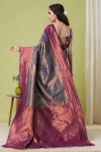 Grey faux banarasi silk blendsaree with jacquard work