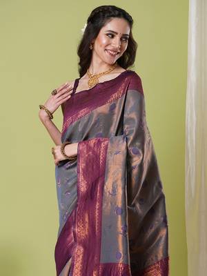 Grey faux banarasi silk blendsaree with jacquard work 3