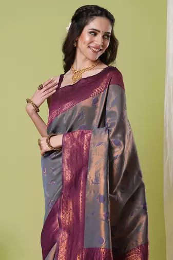 Grey faux banarasi silk blendsaree with jacquard work