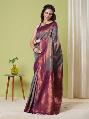 Grey faux banarasi silk blendsaree with jacquard work 5