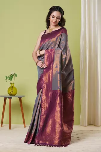 Grey faux banarasi silk blendsaree with jacquard work