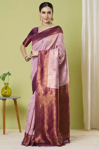 Pink faux banarasi silk blendsaree with jacquard work