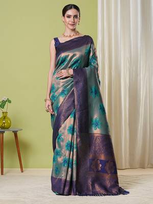 Aqua faux banarasi silk blendwevon jacquard partywear saree 1
