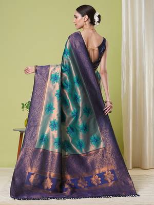 Aqua faux banarasi silk blendwevon jacquard partywear saree 2