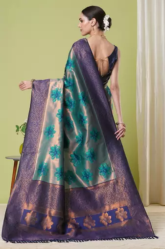 Aqua faux banarasi silk blendwevon jacquard partywear saree