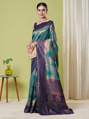 Aqua faux banarasi silk blendwevon jacquard partywear saree 3