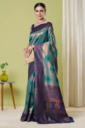 Aqua faux banarasi silk blendwevon jacquard partywear saree